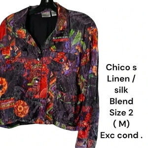 Chico s blazer , linen , silk  women size 2 . multi colored abstract,boxy,button
